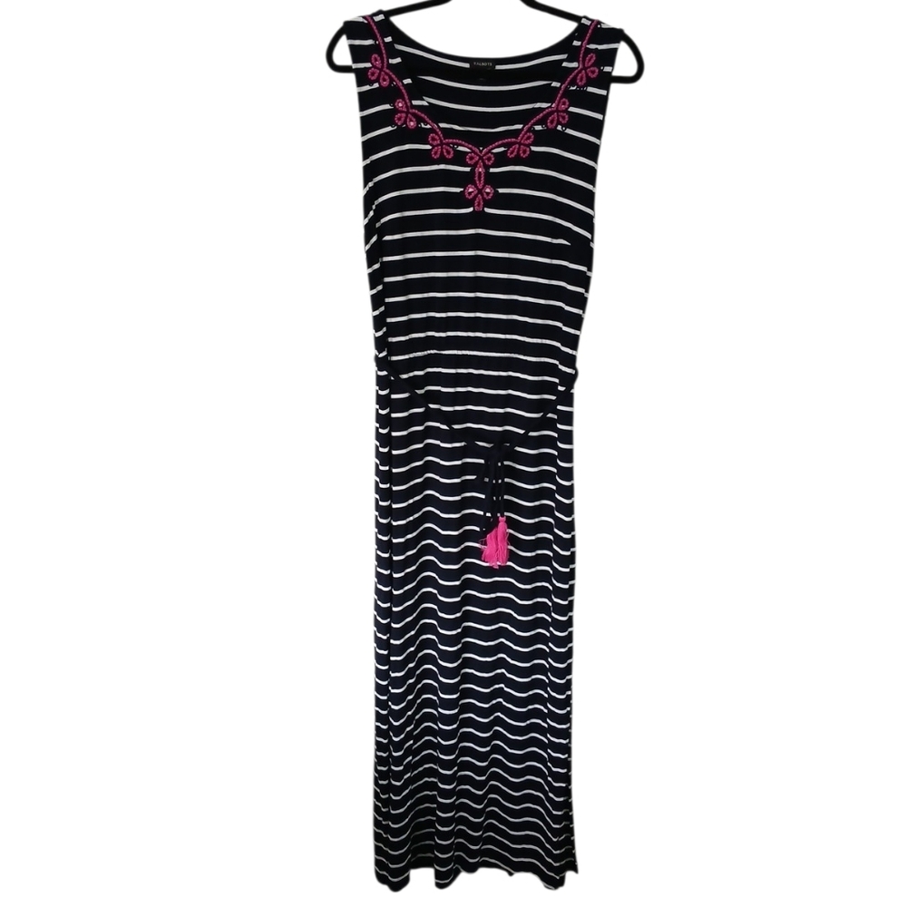 Talbots Dark Navy Blue and White Striped Maxi Dress with Pink Accents Size Large